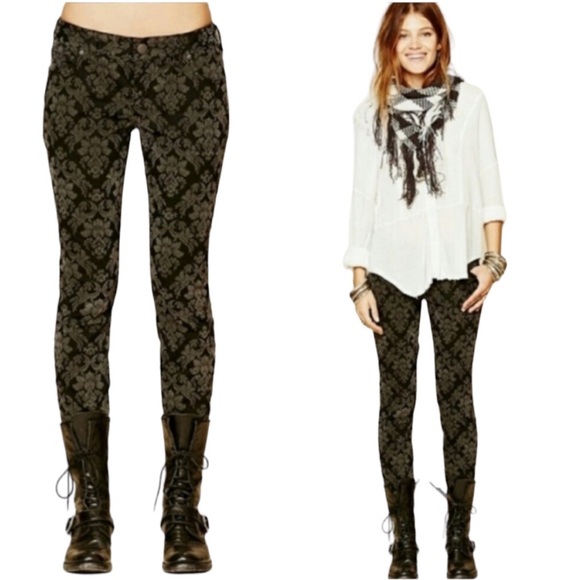 HTF Free People Black Flocked Damask Velvet Jacquard Skinny Pants Jeans - 26 - Picture 1 of 12